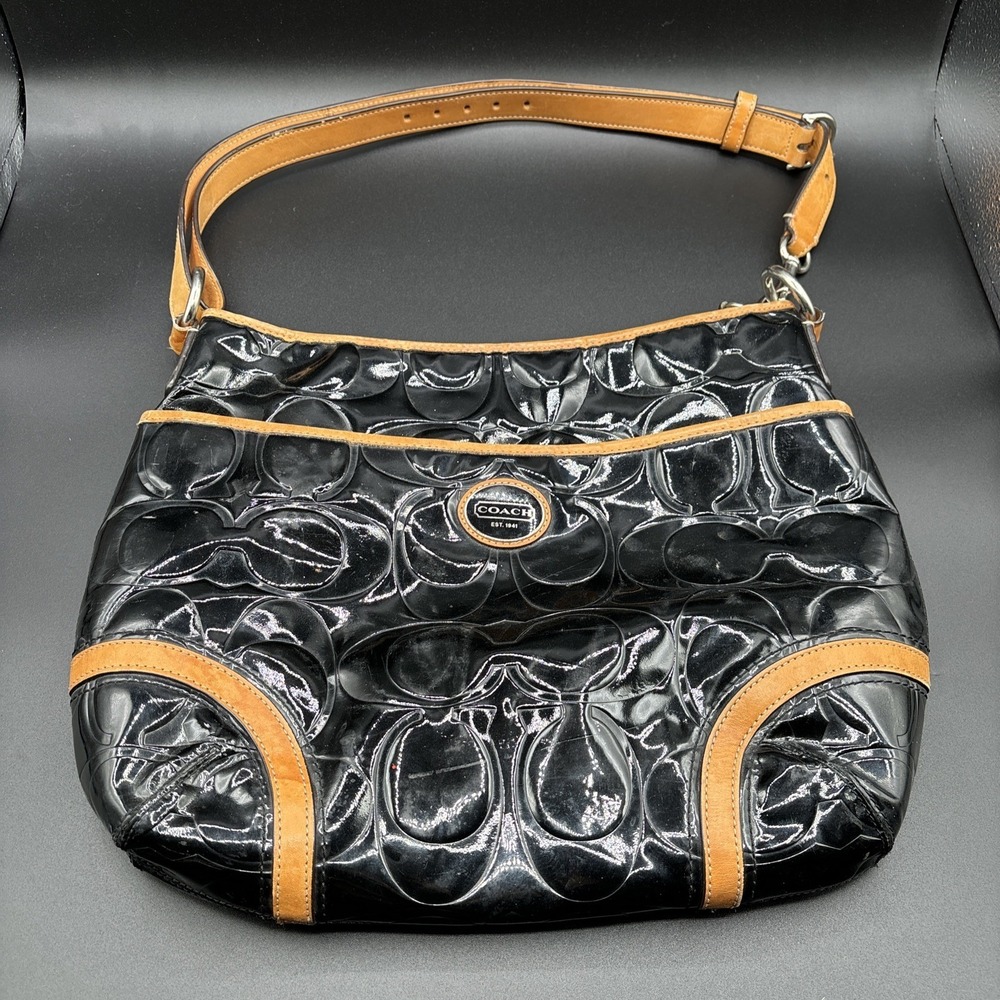 Authentic COACH‎ Peyton Embossed Patent Leather Bag F20022 Black/Tan
